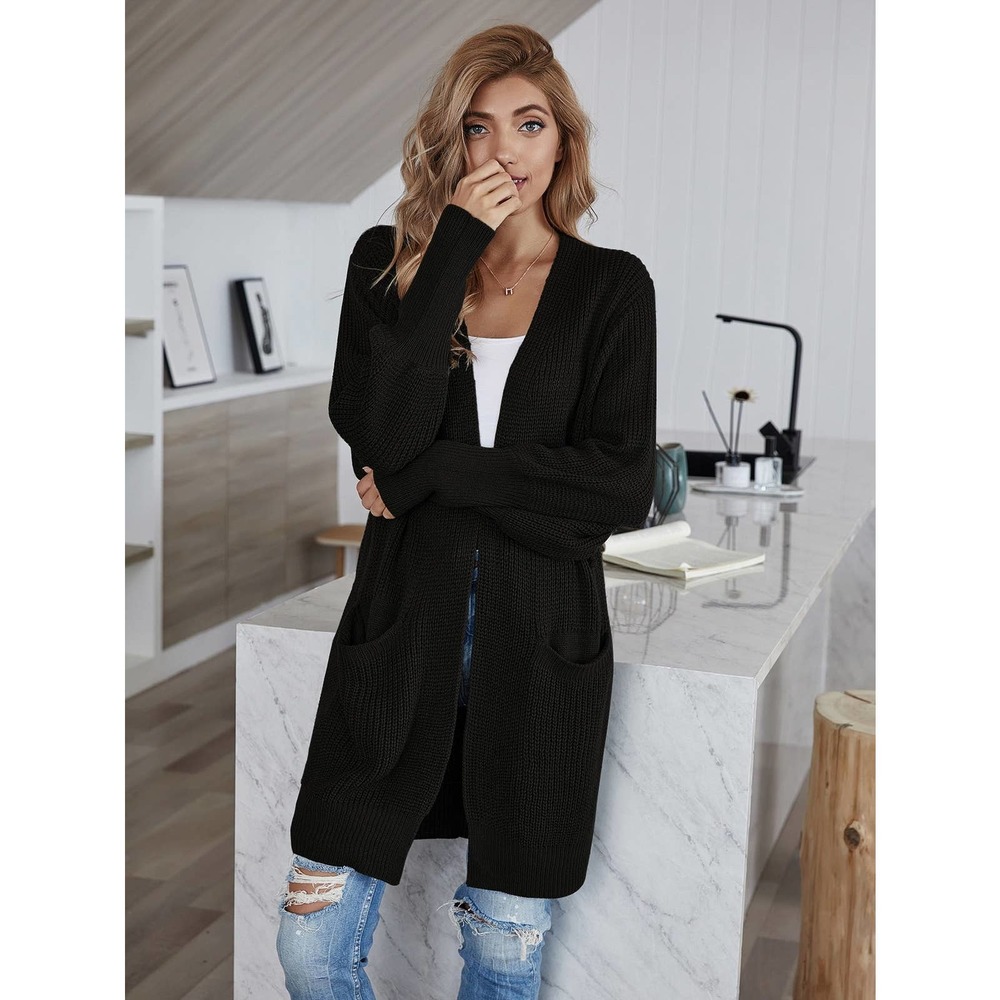Batwing Sleeve Solid Cardigan with pockets black oversized - Picture 5 of 6